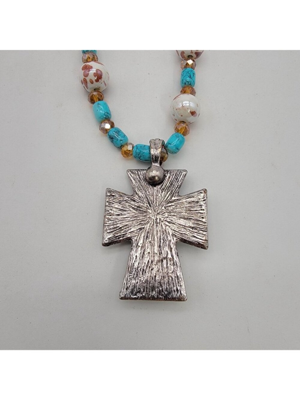 Artisan Turquoise Gemstone Cross Pendant With Faux Turquoise Glass & Pottery - Picture 5 of 6